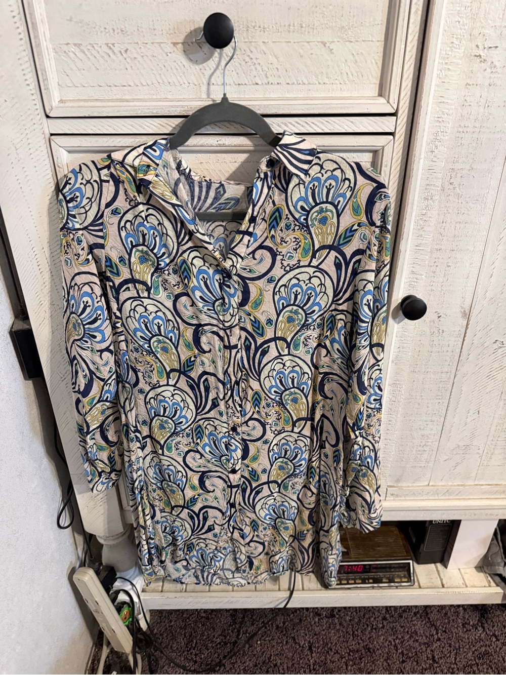 Long-Sleeve Blue Paisley Button-Up Dress